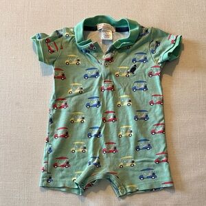 The Beaufort Bonnet Company Green Polo Romper with Red, Blue & Yellow Car Print
